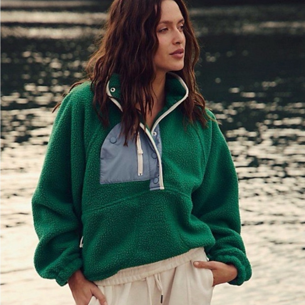 Free People New Hit The Slopes Colorblock Fleece Pullover Green Blue